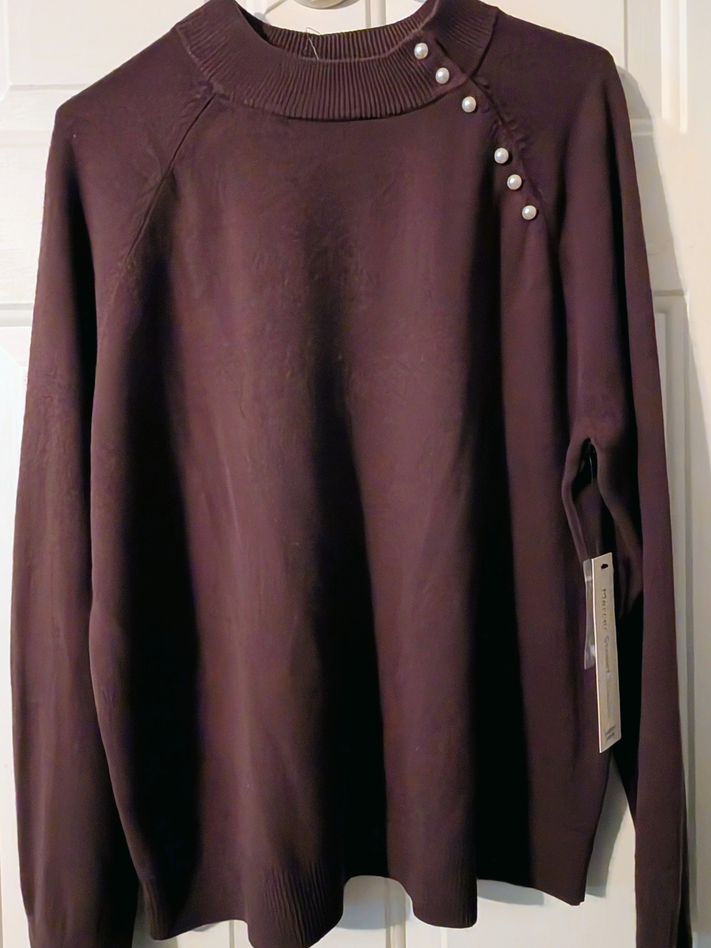Mercer Street Studio Brown Crewneck Sweater with Pearl Shoulder Buttons